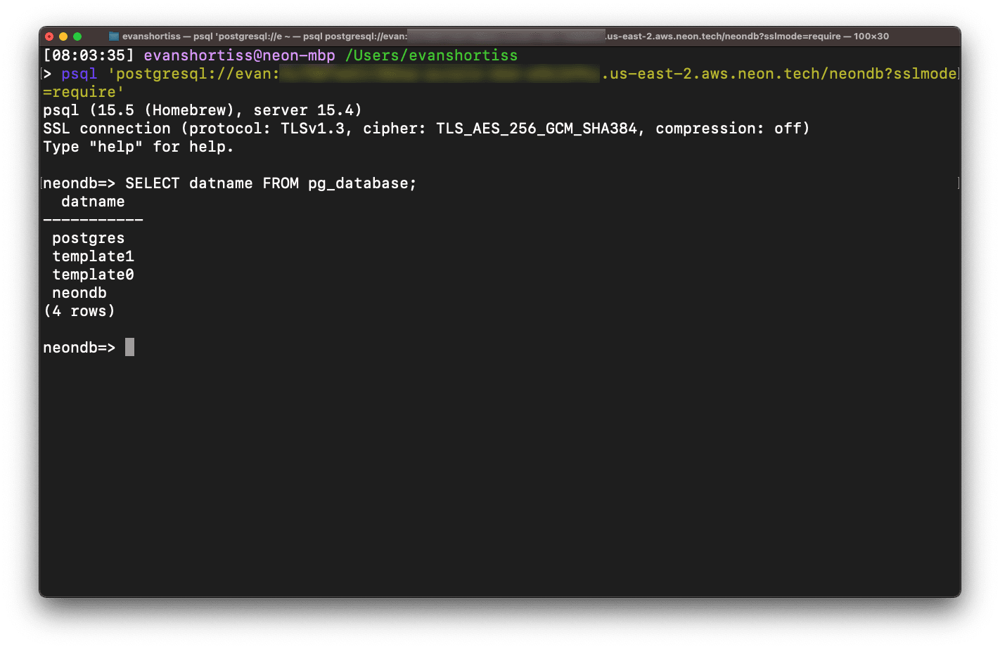 A terminal showing a successful connection to a database using psql.