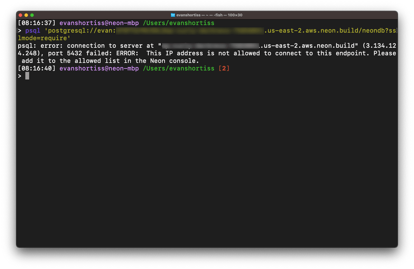 A terminal window showing a failed connection attempt using psql. An error message states that the connection failed since the source IP address is not allowed to connect to the endpoint.