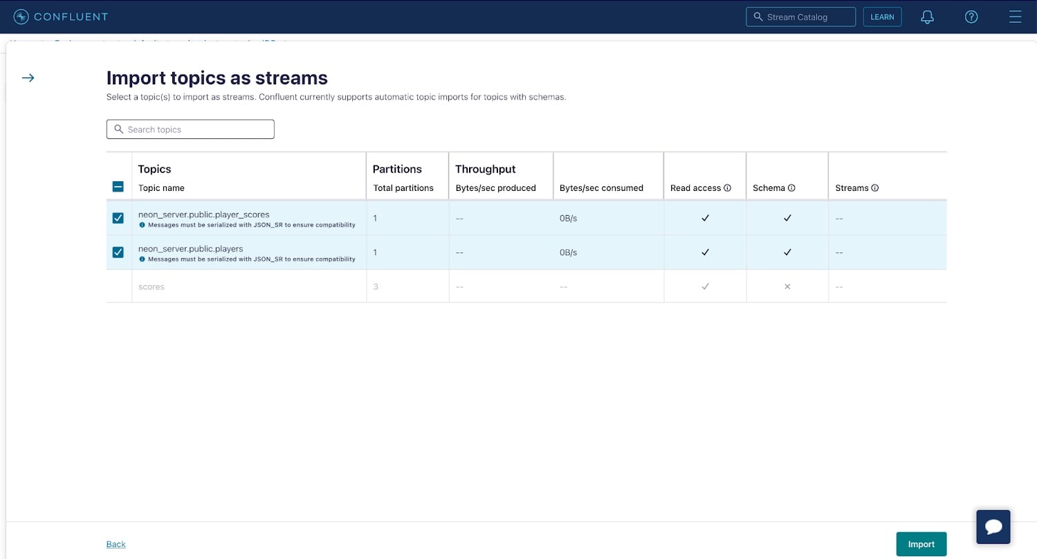 Importing topics as streams in ksqlDB on Confluent Cloud.